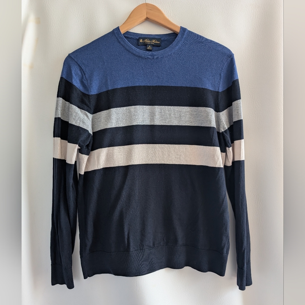 Brooks Brothers Silk Cotton Blend Blue Stripes Knit Crewneck Pullover Sweater  M